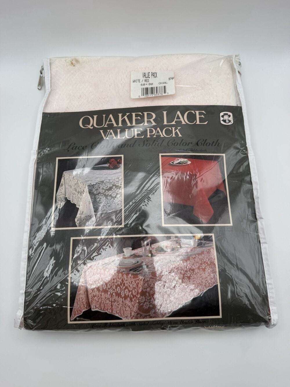 Vintage Quaker Lace Tablecloths Value Pack 60x80 Oval White Lace Red Solid